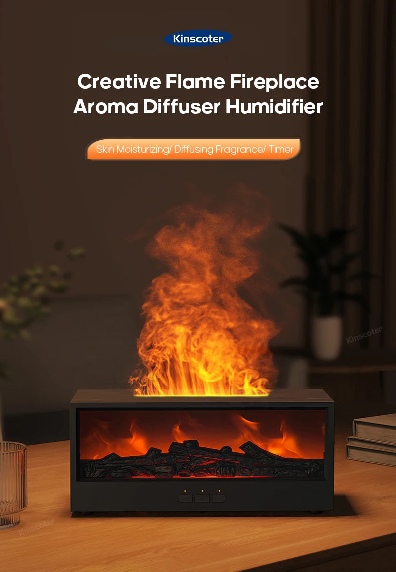 Fireplace Aroma Diffuser – Waterless Auto-Off Humidifier with LED & Remote