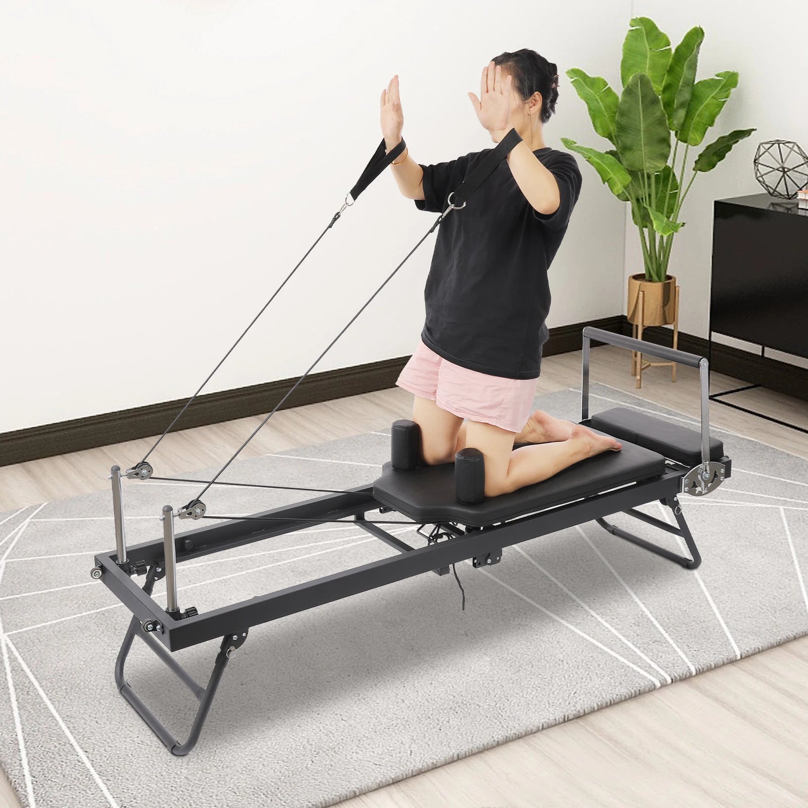 Foldable Steel Pilates Reformer Machine,Black/Grey Yoga Fitness Equipment Floor-Mounted 197*57*72.5cm for Homes,Offices