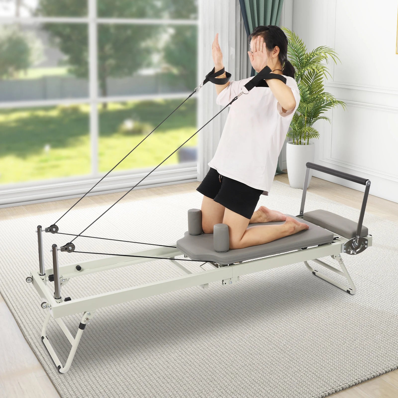 Foldable Steel Pilates Reformer Machine,Black/Grey Yoga Fitness Equipment Floor-Mounted 197*57*72.5cm for Homes,Offices