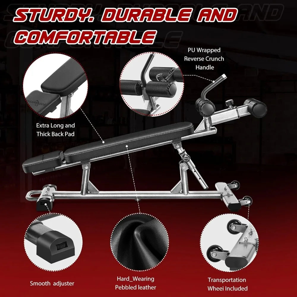 Professional Sit-Up Bench with 4 Adjustable Heights and Reverse Crunch Handle, Adjustable Weight Bench and Flat, Incline & Decl