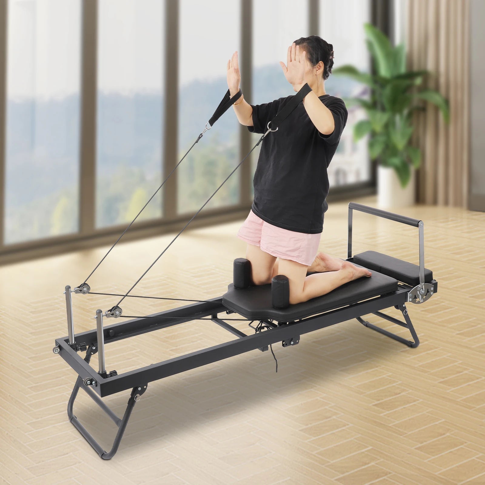 Foldable Steel Pilates Reformer Machine,Black/Grey Yoga Fitness Equipment Floor-Mounted 197*57*72.5cm for Homes,Offices