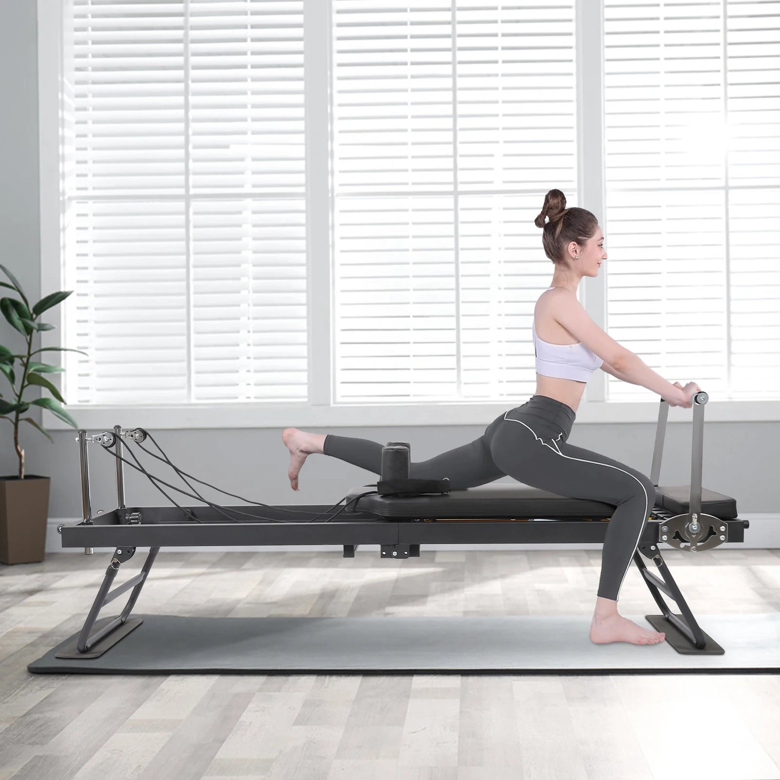 Foldable Steel Pilates Reformer Machine,Black/Grey Yoga Fitness Equipment Floor-Mounted 197*57*72.5cm for Homes,Offices