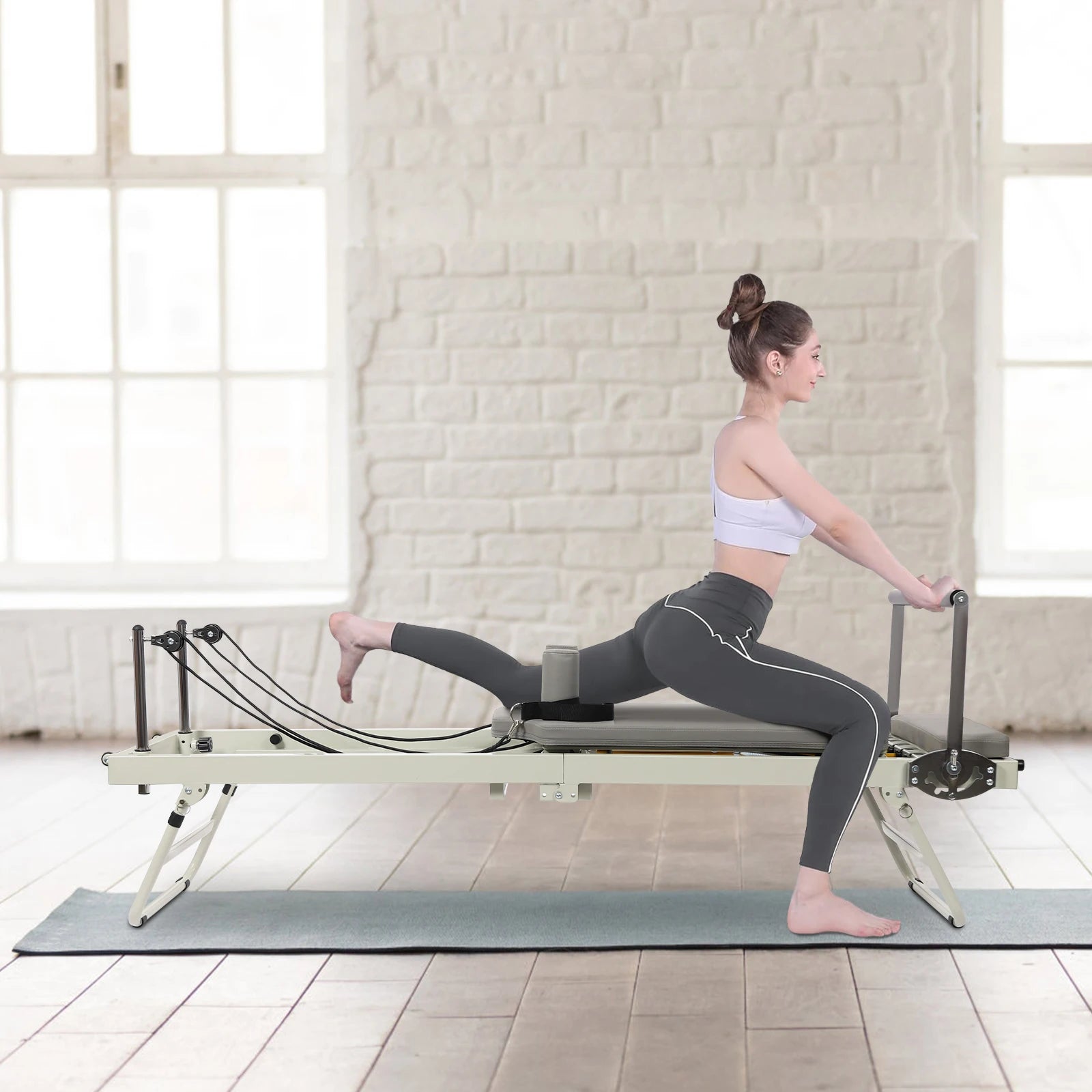 Foldable Steel Pilates Reformer Machine,Black/Grey Yoga Fitness Equipment Floor-Mounted 197*57*72.5cm for Homes,Offices