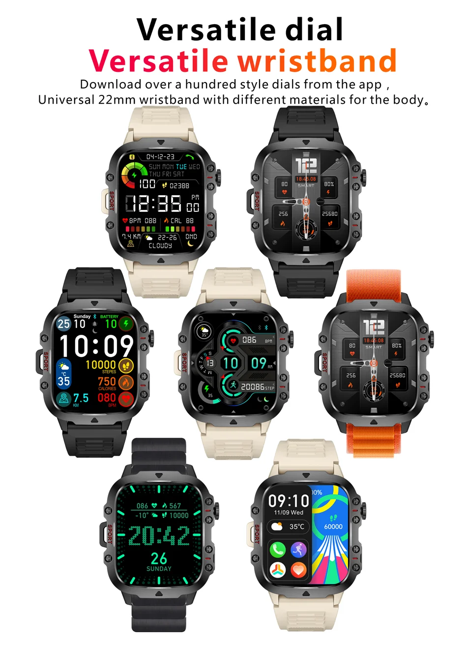 2024 New For Xiaomi 1.96" Bluetooth Call Military Smart Watch Men 5ATM Outdoor Sports Fitness Tracker Health Monitor Smartwatch
