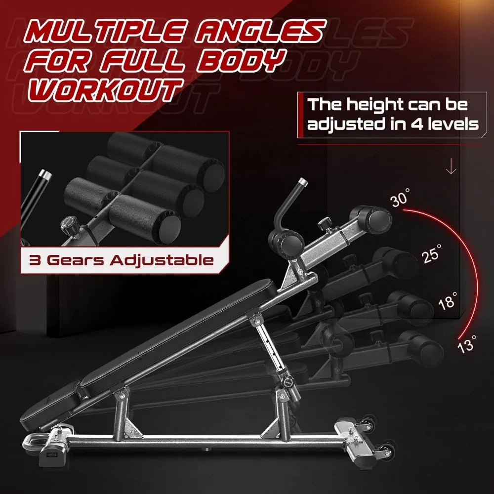 Professional Sit-Up Bench with 4 Adjustable Heights and Reverse Crunch Handle, Adjustable Weight Bench and Flat, Incline & Decl