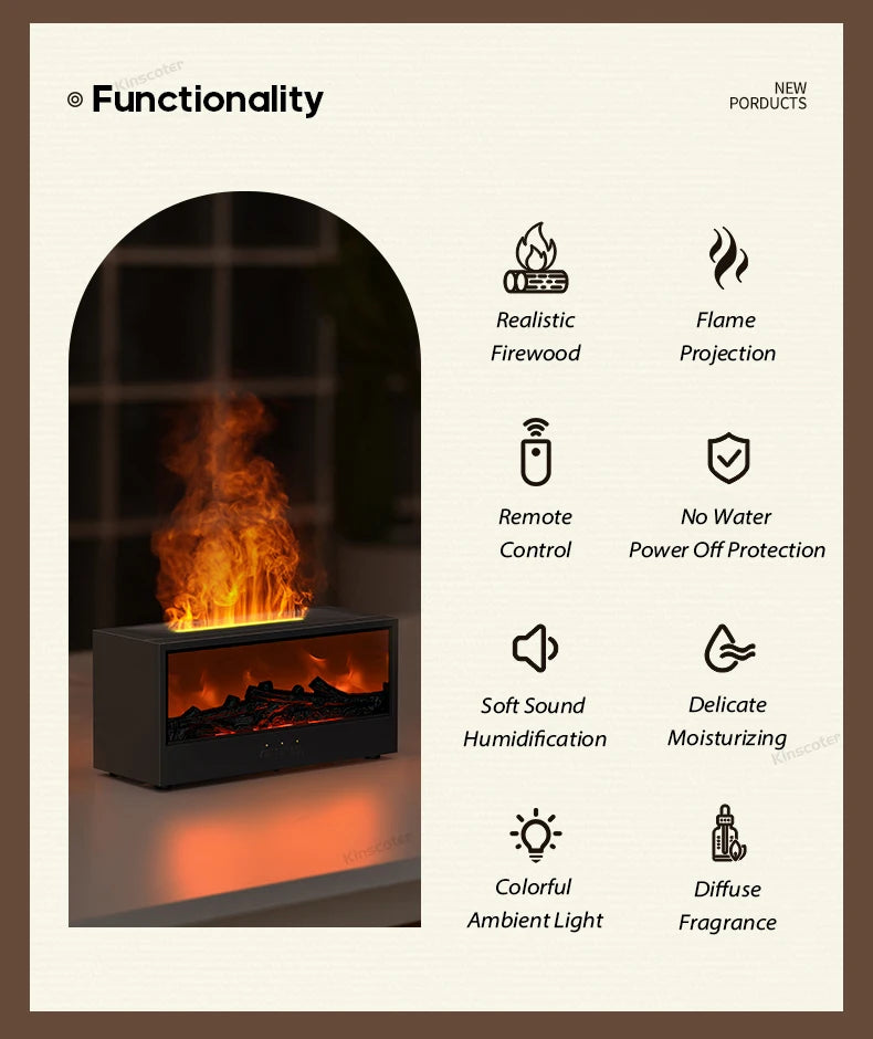 Fireplace Aroma Diffuser – Waterless Auto-Off Humidifier with LED & Remote