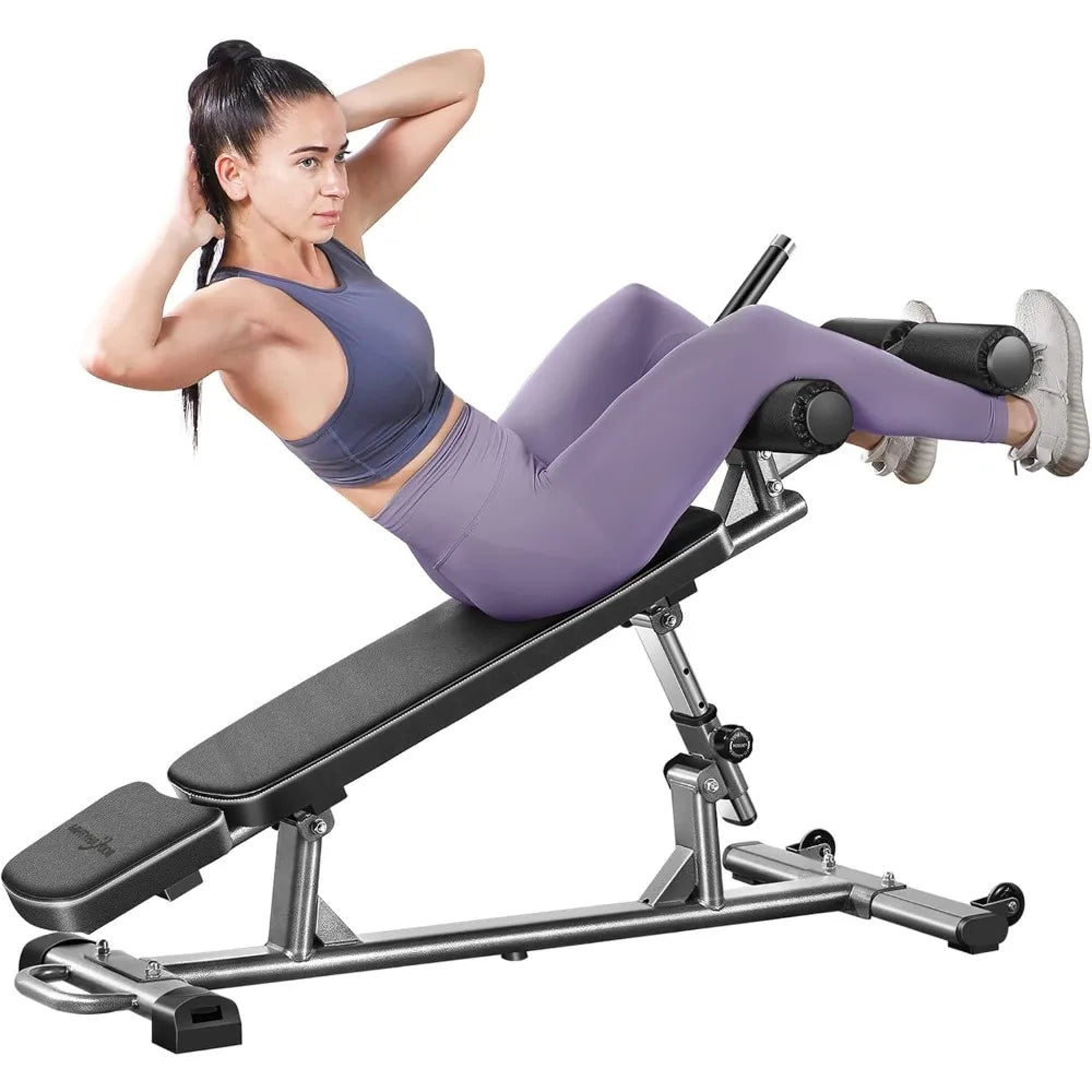 Professional Sit-Up Bench with 4 Adjustable Heights and Reverse Crunch Handle, Adjustable Weight Bench and Flat, Incline & Decl