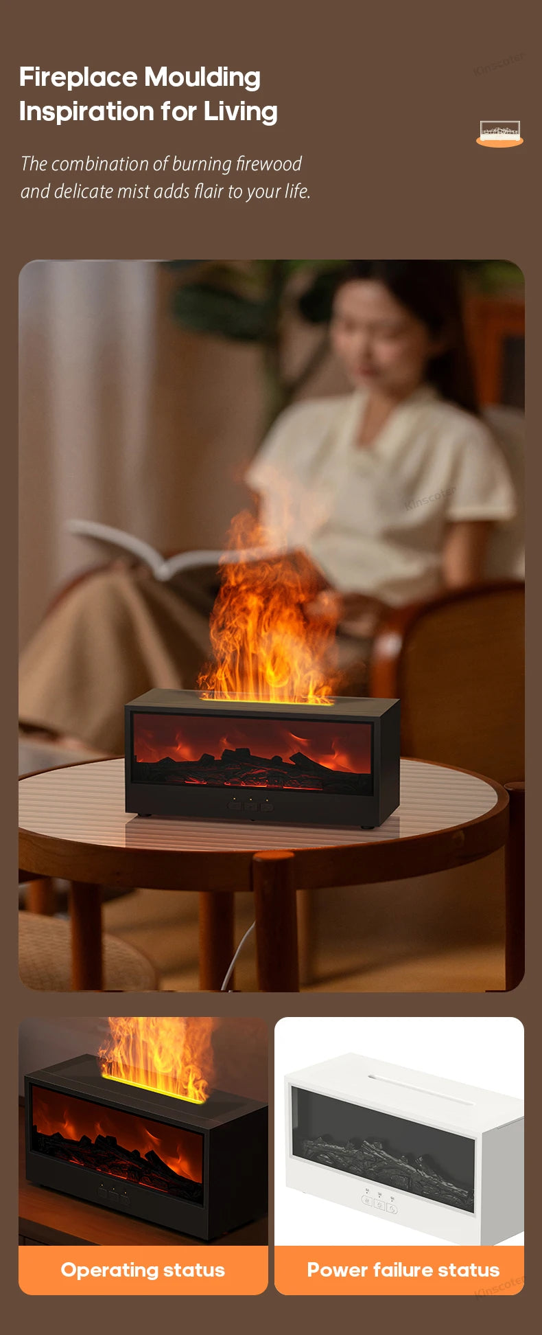 Fireplace Aroma Diffuser – Waterless Auto-Off Humidifier with LED & Remote