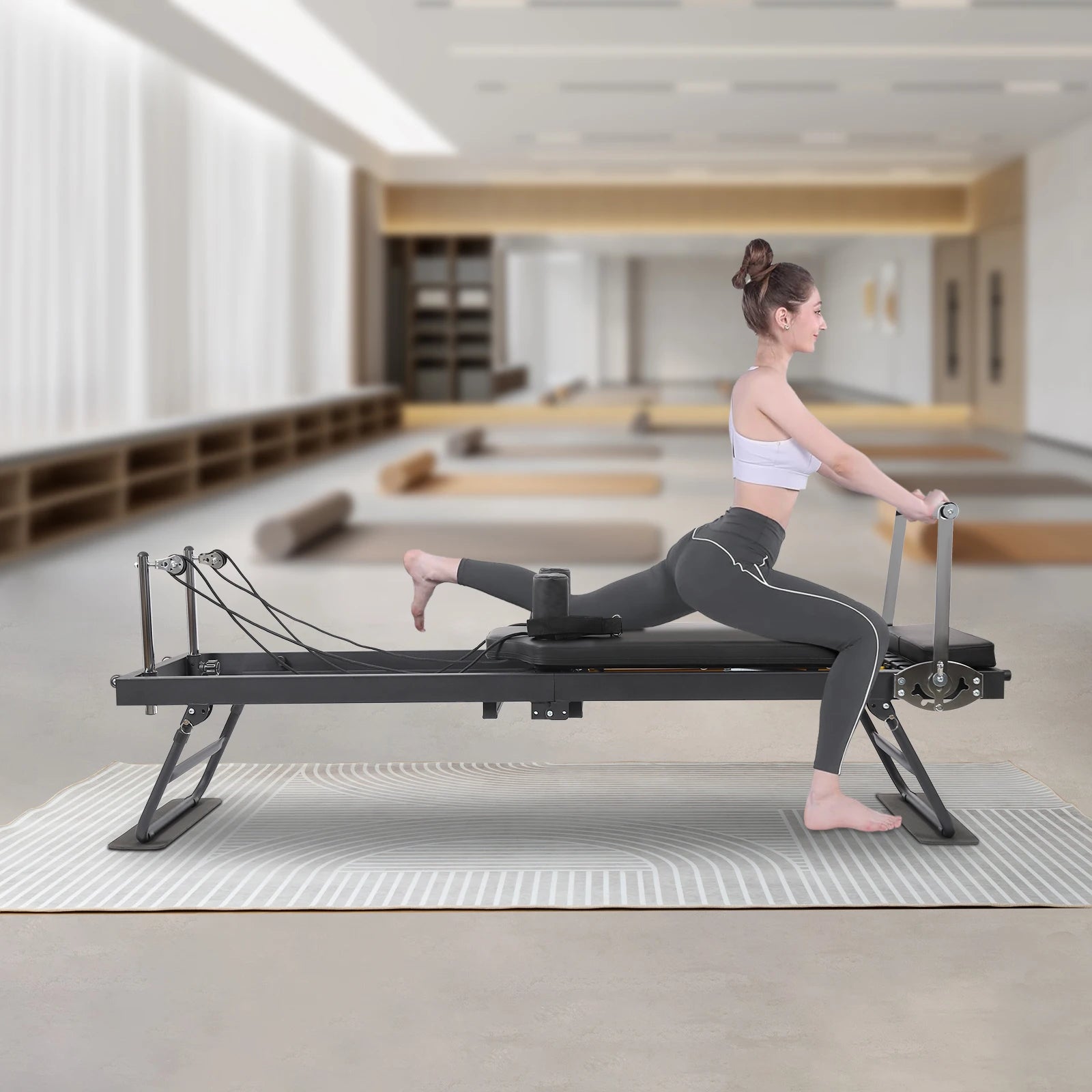 Foldable Steel Pilates Reformer Machine,Black/Grey Yoga Fitness Equipment Floor-Mounted 197*57*72.5cm for Homes,Offices