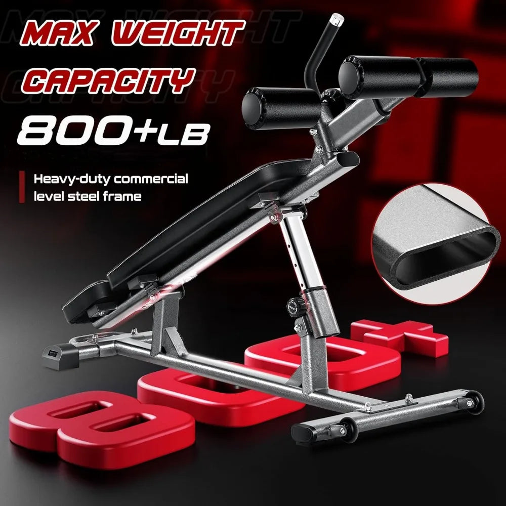 Professional Sit-Up Bench with 4 Adjustable Heights and Reverse Crunch Handle, Adjustable Weight Bench and Flat, Incline & Decl