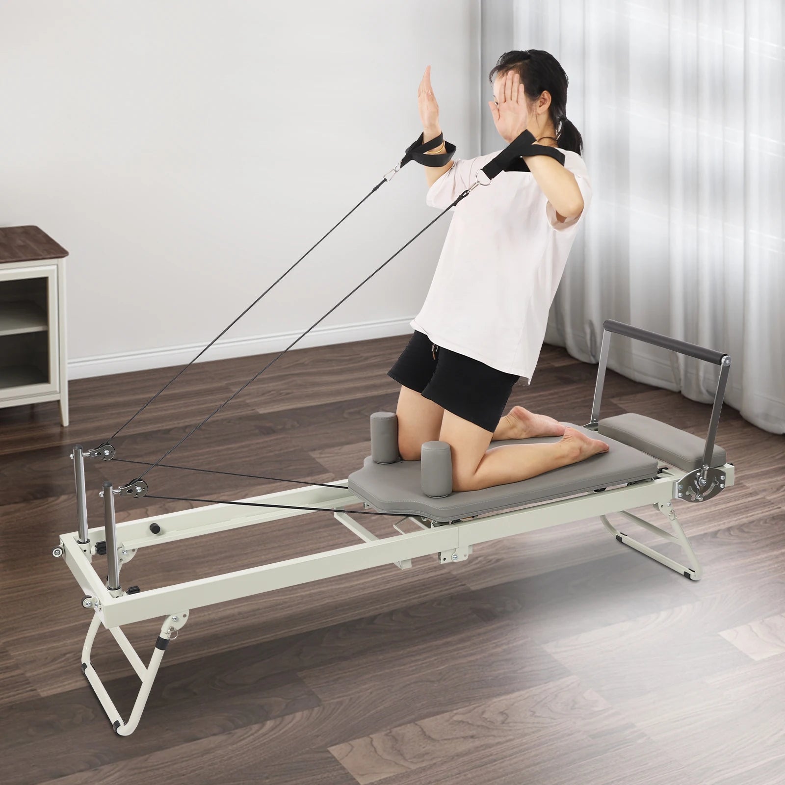 Foldable Steel Pilates Reformer Machine,Black/Grey Yoga Fitness Equipment Floor-Mounted 197*57*72.5cm for Homes,Offices