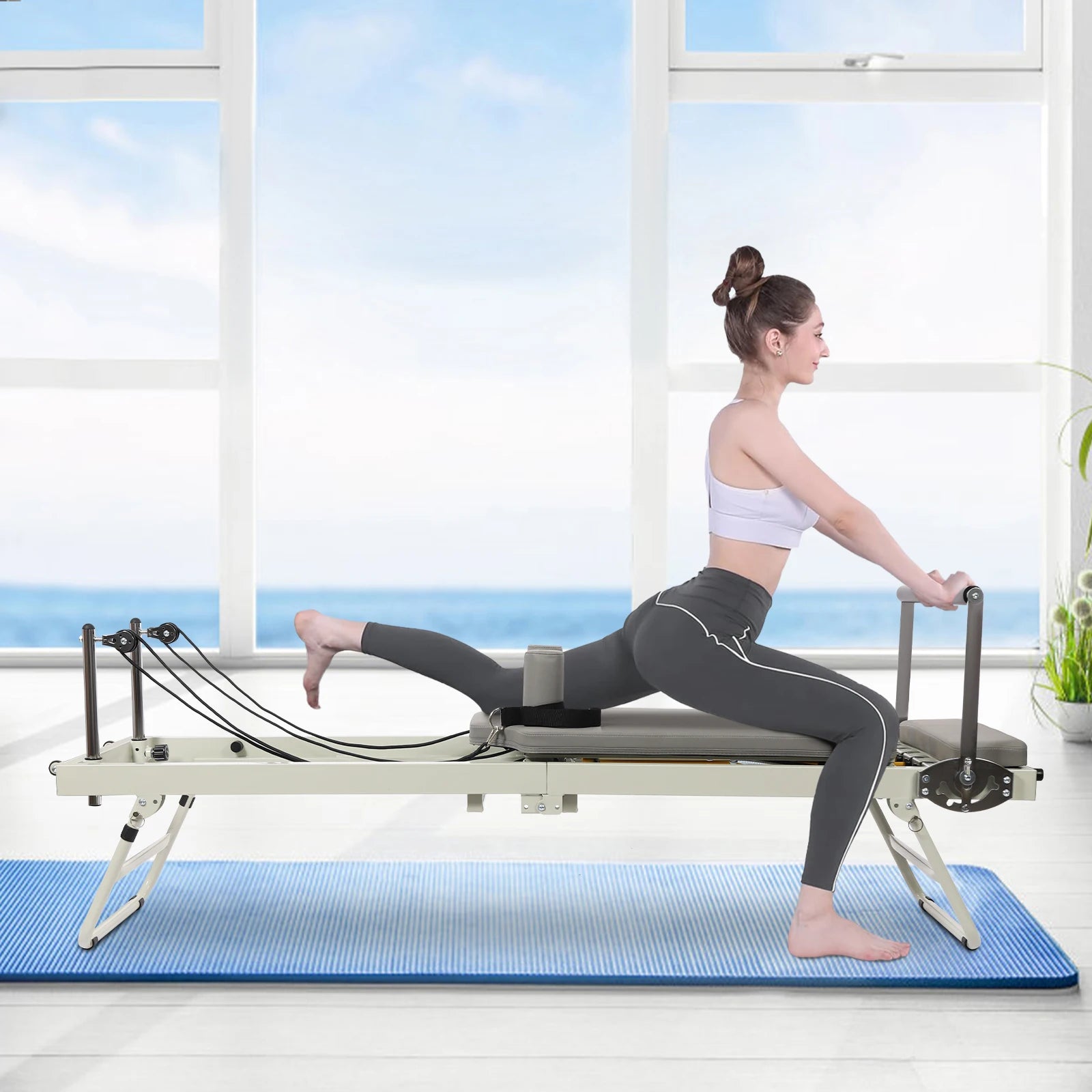 Foldable Steel Pilates Reformer Machine,Black/Grey Yoga Fitness Equipment Floor-Mounted 197*57*72.5cm for Homes,Offices